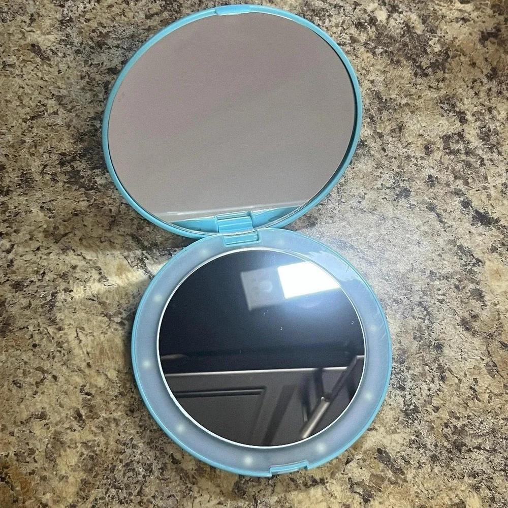 POP Blue Round Compact Makeup Mirror Dual Sided 5 in Gloss Plastic Portable with